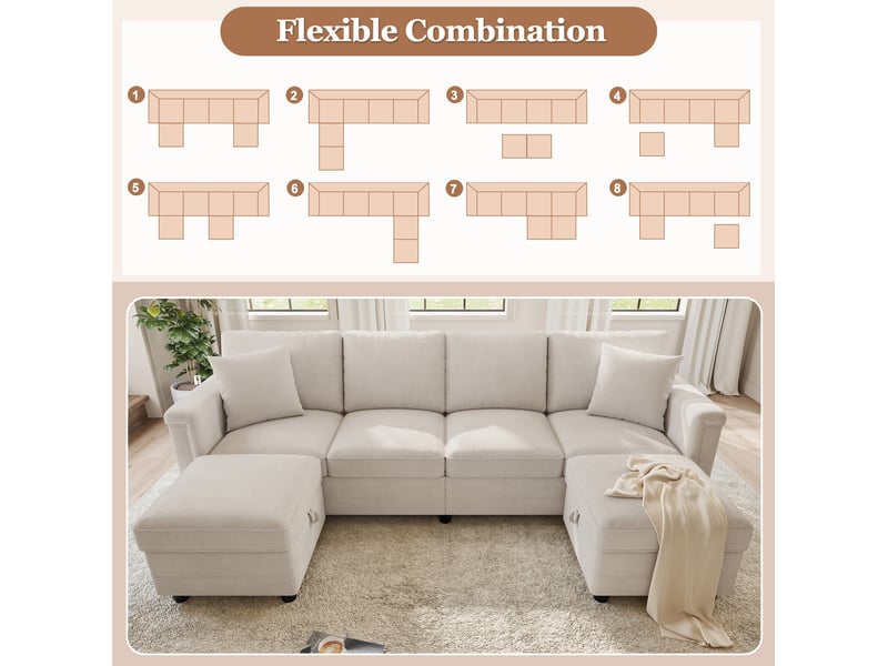  Canapé modulaire 6 places en l ou u avec 2 poufs de rangement, usb et usb-c, en chenille beige, 261 × 134 × 82 cm  - Conforama E