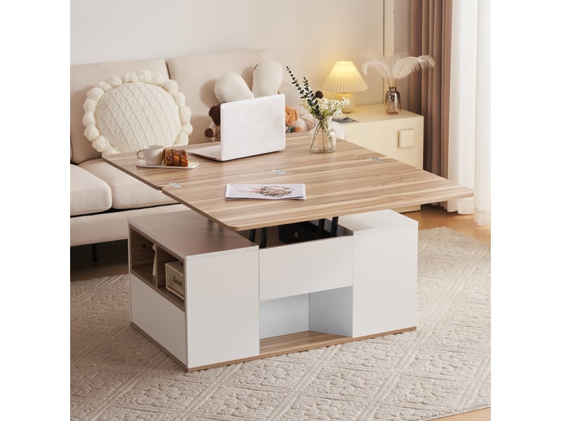  Lit coffre 180x200 cm aspect chêne avec ouverture hydraulique, lit double en bois avec tables de nuit intégrées avec étagère de tête de lit, led et usb-c  - Conforama D