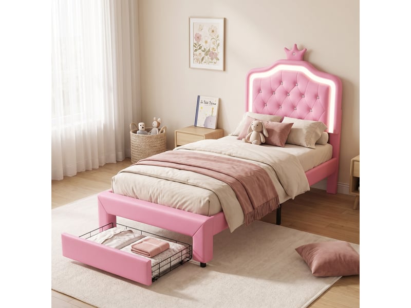  Lit enfant 90x200, lit simple princesse avec led et rangement, tête de lit couronne capitonnée, coloris rose  - Conforama D