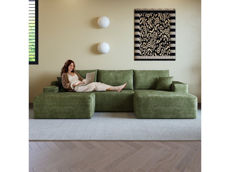  Canapé d'angle droite en l 270cm canapé modulable canapé compressé 3 places en velours côtelé avec pouf méridienne, vert  - Conforama E