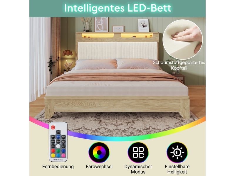  Lit double adulte,160x200 cm,avec banc, velours côtelé, led,mdf,chêne clair et beige  - Conforama E