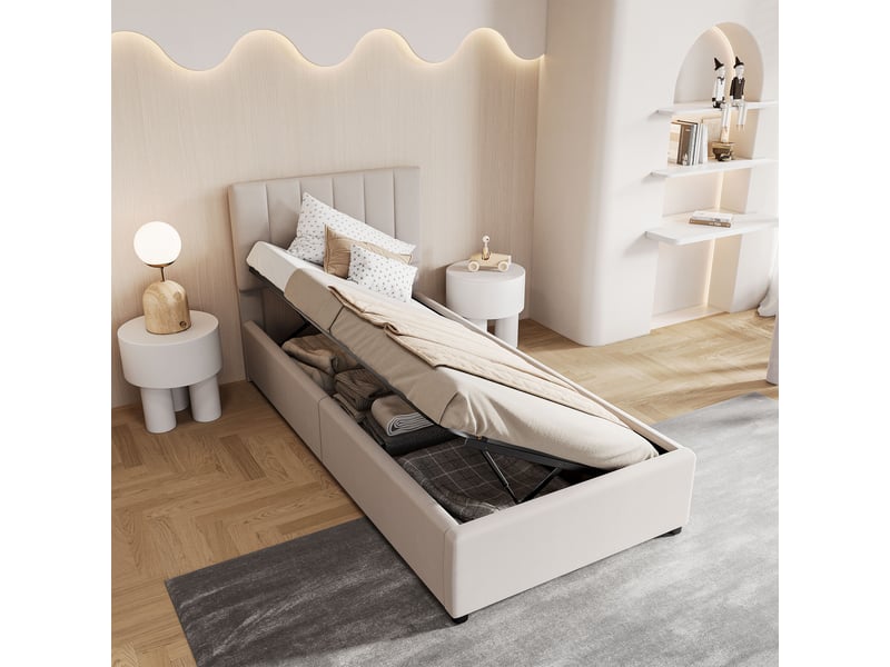  Lit coffre simple pour enfant - 90 x 200 cm-beige - avec tête de lit capitonnée et vérins hydrauliques  - Conforama D