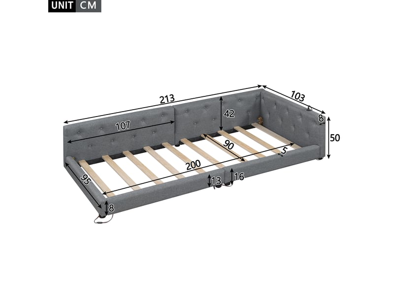  Lit banquette 90x200 cm avec led, usb et usb-c gris  - Conforama C