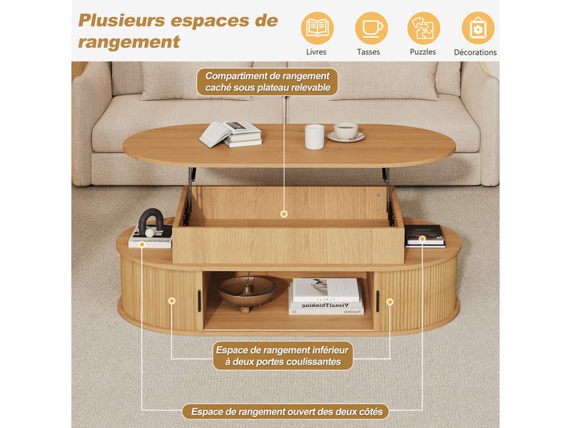  Table basse relevable 100x50 cm, rangement compartimenté, portes coulissantes, piètement arrondi, mdf, finition bois Morn Vibe - Conforama E