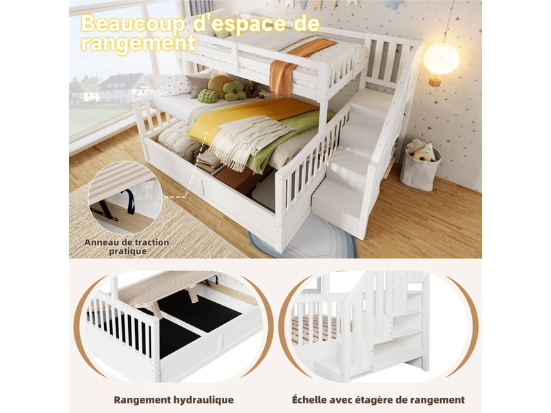  Lit superposé 90x200cm+140x200cm avec rangement hydraulique, échelle de rangement, sans matelas, blanc, pin  - Conforama E