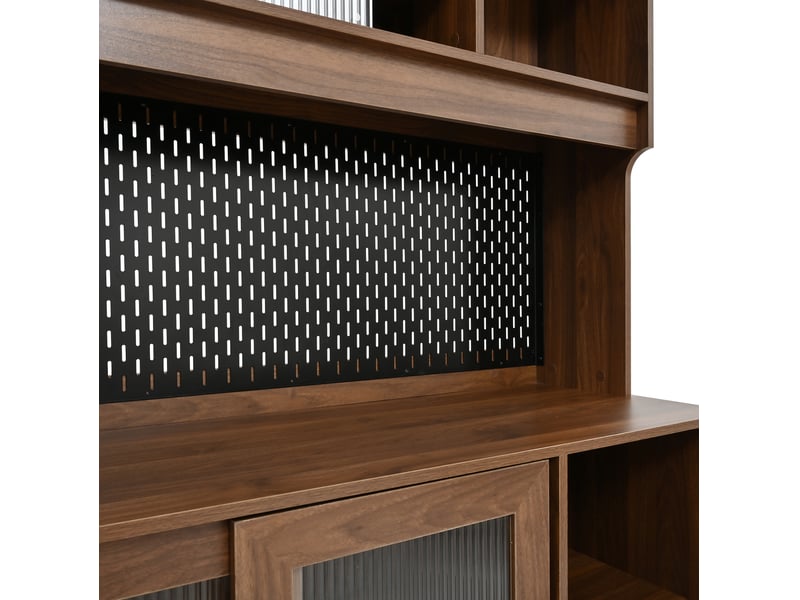  Buffet de cuisine avec 4 portes coulissantes en verre strié, 2 tiroirs, panneau perforé, en noyer, 117 × 30 × 170 cm  - Conforama E