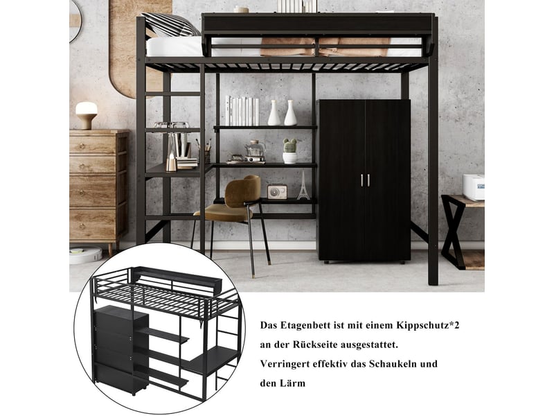  Lit mezzanine 90x200cm avec bureau et armoire - lit simple - etagères, escalier 5 marches, métal noir, gain de place  - Conforama D