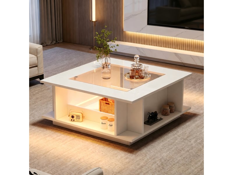  Table basse carrée blanche avec plateau en verre et éclairage led, 70 x 70 x 30 cm  - Conforama D