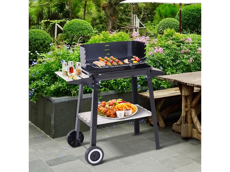  Barbecue à charbon de bois avec hauteur de grille réglable, étagères et roulettes pour une utilisation en extérieur, 83 x 46 x 87 cm, noir  - Conforama C