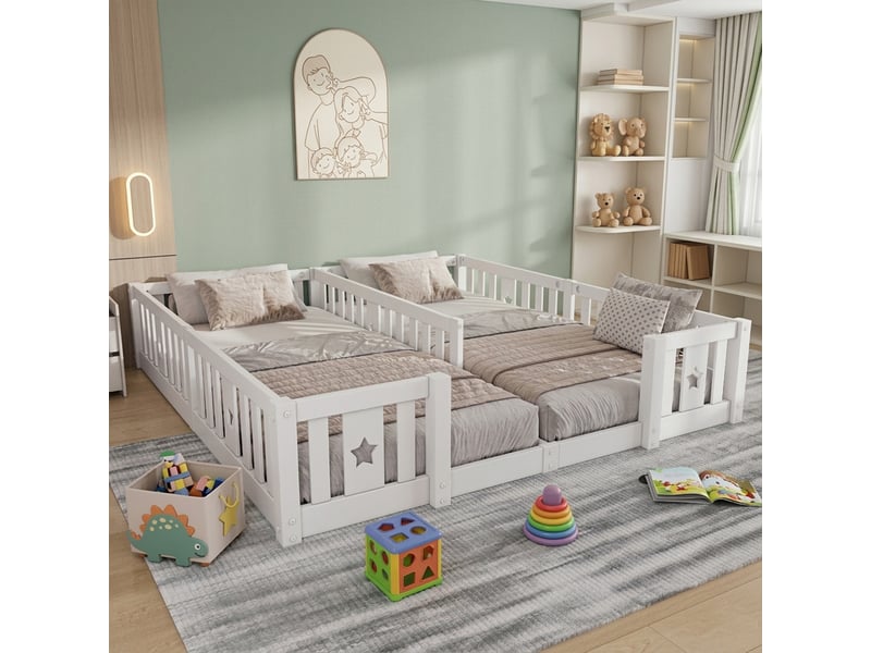  Lit au sol enfant 2x90x200 cm - lit montessori avec sommier à lattes + barrière de sécurité - lit double 2 places - pin massif blanc  - Conforama B