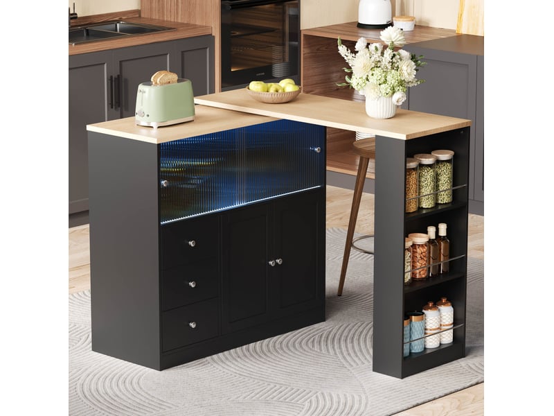  Îlot de cuisine avec table pivotante à 360°, 3 tiroirs, porte coulissante en verre et éclairage led pour cuisine  - Conforama B
