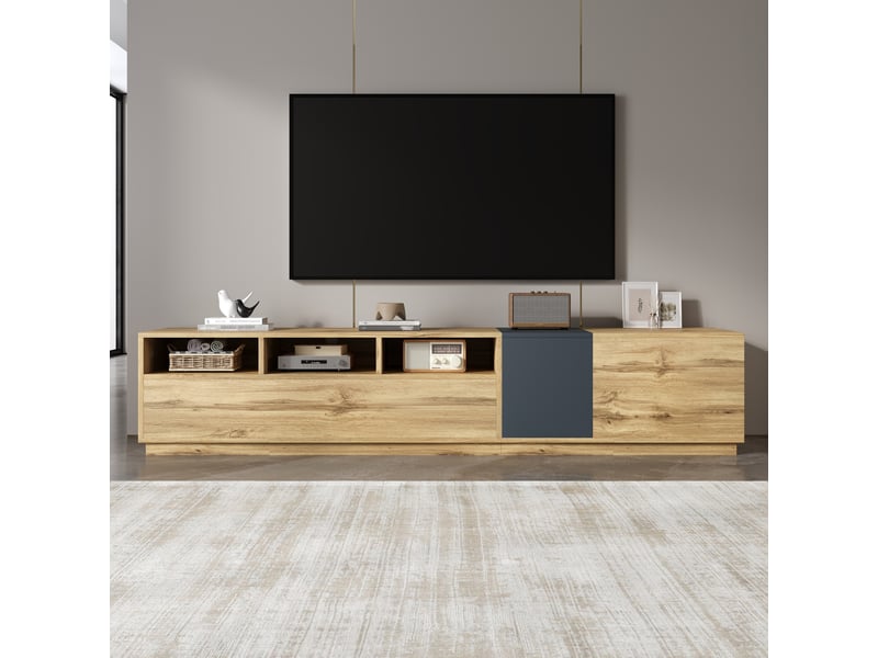  Meuble tv moderne 200 cm – design bicolore – niches ouvertes et passe-câbles  - Conforama C