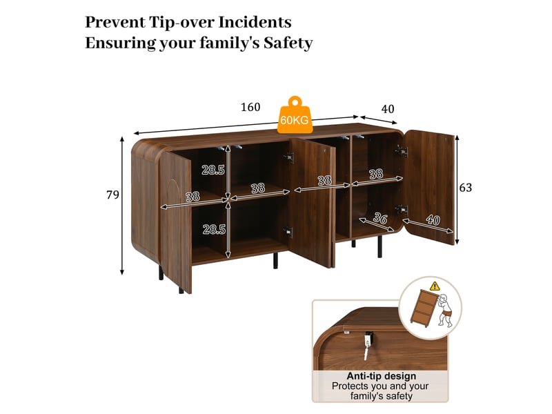  Buffet mid-century 160x40x79 cm – bois foncé – 4 portes, 8 compartiments, rangement modulable  - Conforama C