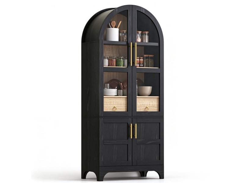  Vitrine 4 portes et 2 tiroirs, 76 x 40 x 180 cm, étagères réglables, verre cannelé, dessus cintré et socle stable, mdf, noir Morn Vibe - Conforama A