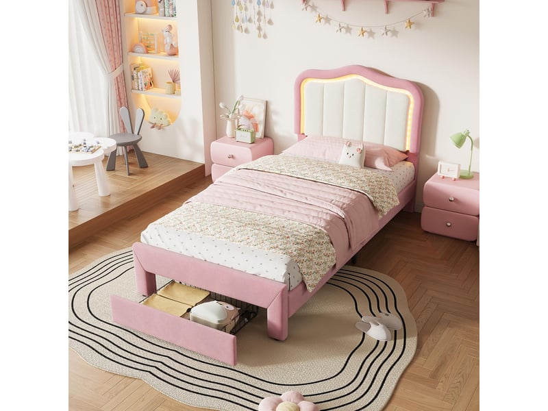  Lit 90x200cm - lit enfant 90x200 - lit simple avec 1 tiroir, tête de lit avec éclairage led intelligent et dossier blanc - rose  - Conforama C