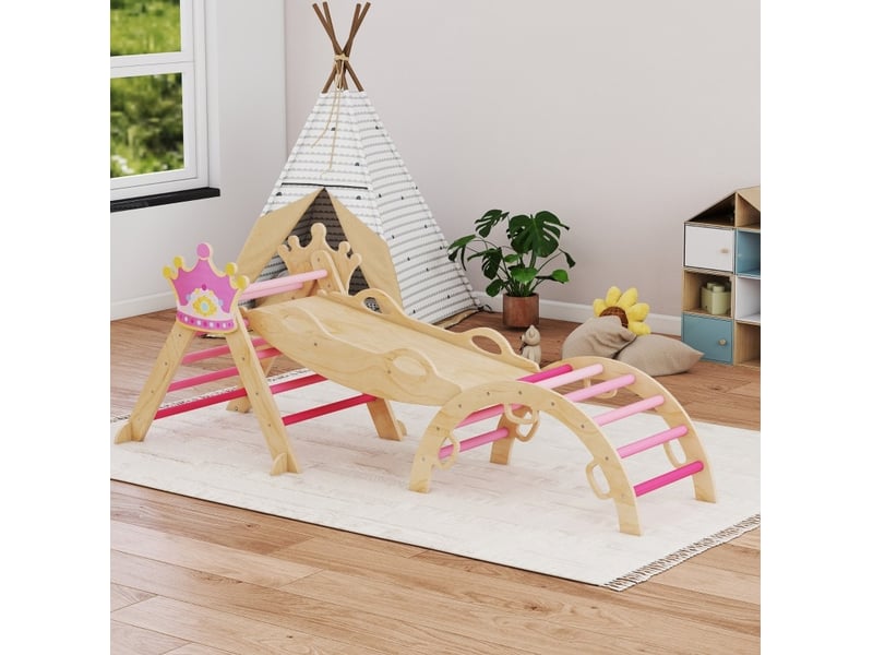  Jouets deescalade 8 en 1 avec toboggan, balançoire et bascule en bois rose pour intérieur 80 × 42 × 38 cm  - Conforama C