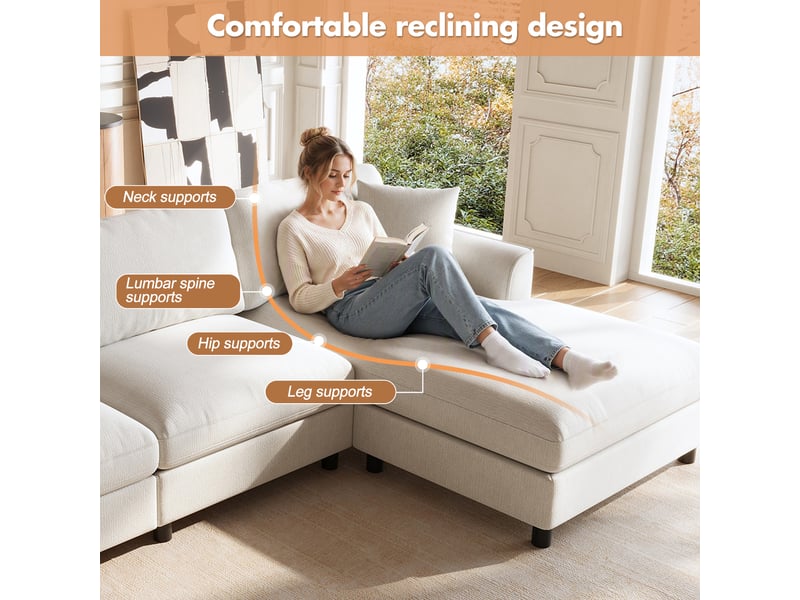  Canapé d'angle 3 places en tissu chenille beige, 256×137×79 cm, méridienne réversible, assise large 90 cm, sans montage  - Conforama E