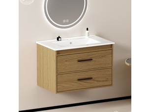Armoire de salle de bain avec 2 tiroirs, finition chêne clair, en mdf et céramique pour salle de bain, largeur 75 cm