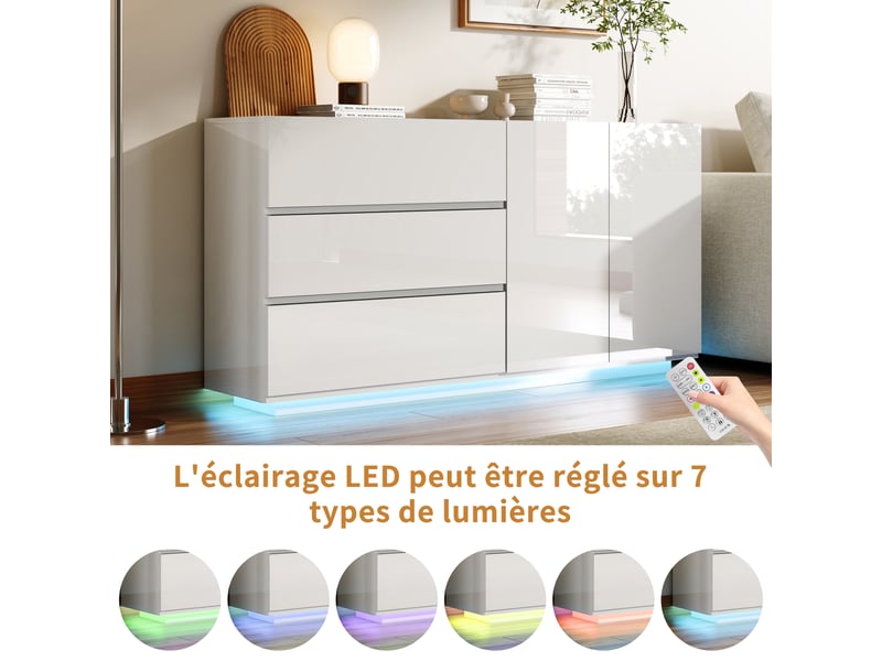  Kefsr buffet blanc brillant avec led - meuble tv &amp; bahut moderne 2 portes 3 tiroirs, sans poignée, design laqué pour salon, salle à manger et entrée (160x35x76cm)  - Conforama D
