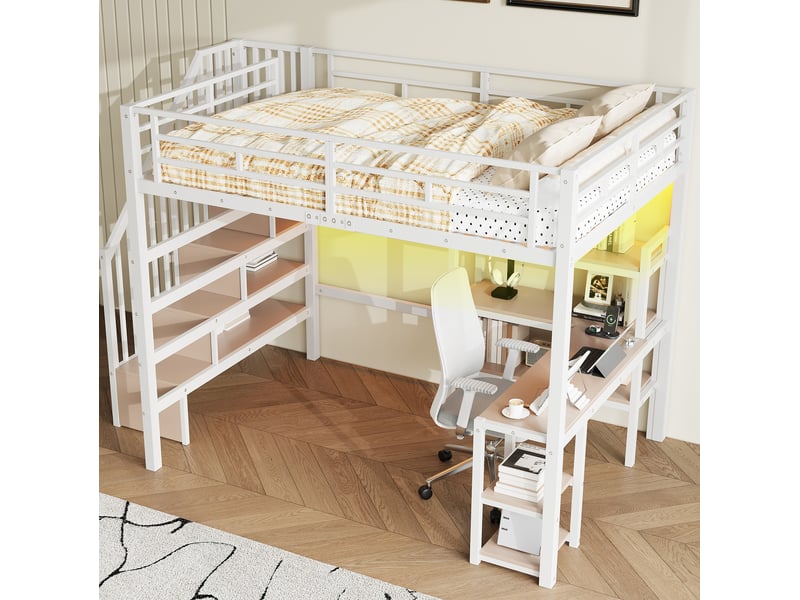  Lit mezzanine 140x200 cm blanc avec bureau, escalier de rangement, led et usb  - Conforama D