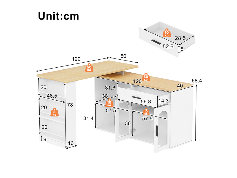  Îlot de cuisine avec plateau pivotant à 360° 136 x 50 x 78 cm, tiroir, étagères, portes vitrées et rangement, blanc  - Conforama C