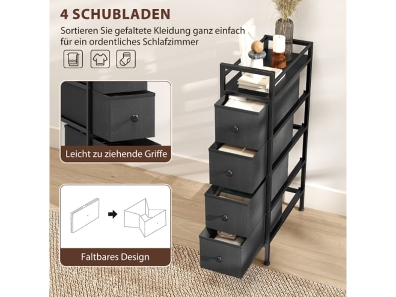  Commode noire 4 tiroirs en tissu avec cadre acier 20x43x81,5 cm, meuble de rangement pratique  - Conforama B