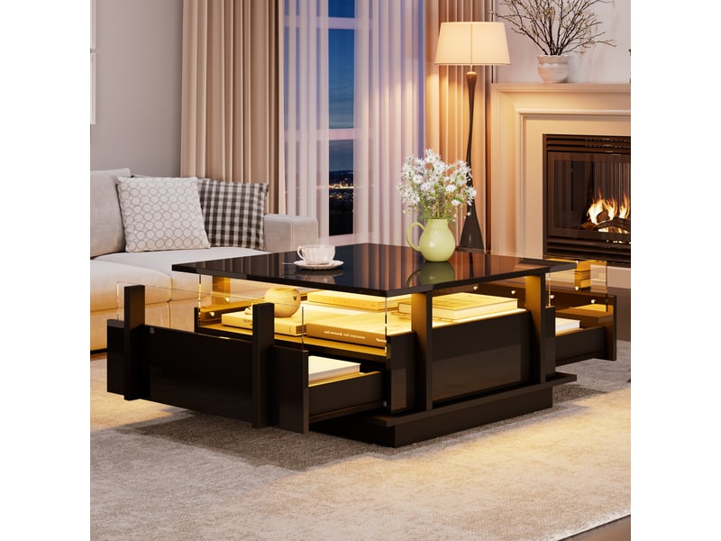  Table basse, mdf, noir, 70 x 70 x 35 cm, avec éclairage led, avec rangement  - Conforama A