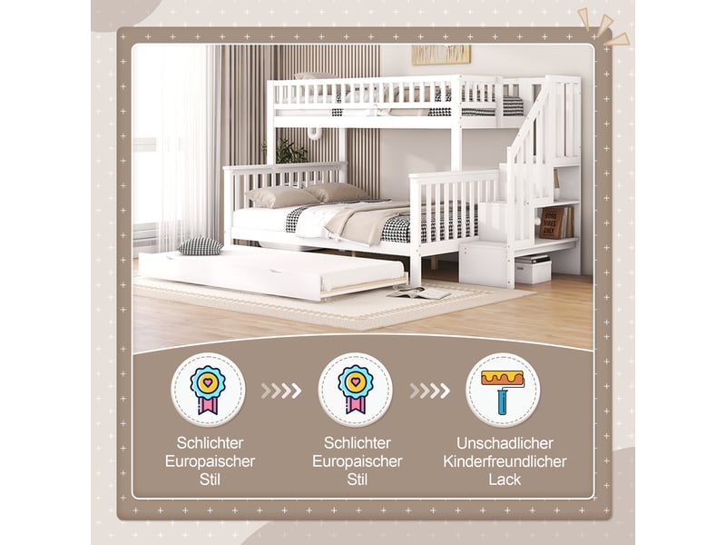  Lit superposé enfant 90 x 200cm et 140 x 200cm avec sommier, sans matelas, pin, blanc, tiroirs et escalier  - Conforama E