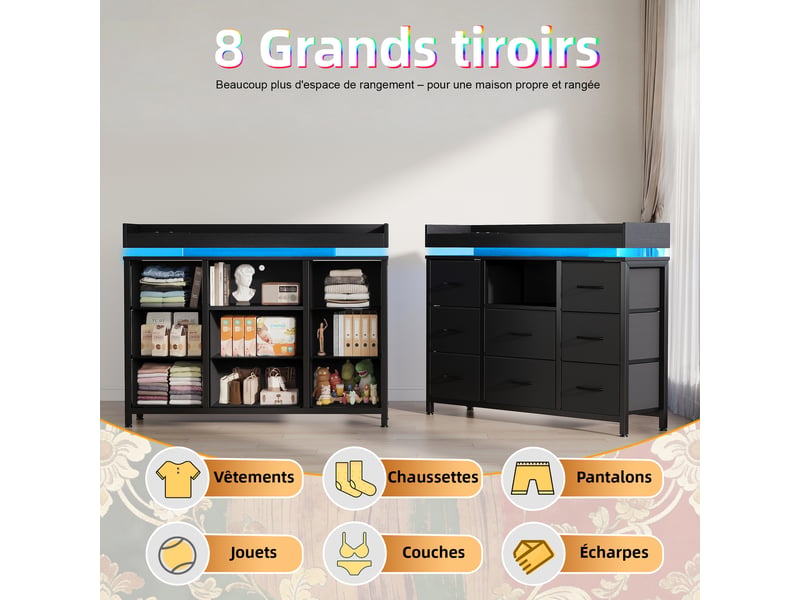  Commode 8 tiroirs, 108x30x88cm, led rgb et station de charge usb type-c, tiroirs en tissu, noir, pour chambre, dressing et salon  - Conforama D