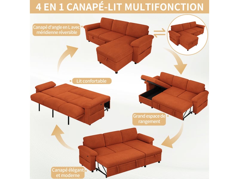  Canapé d'angle convertible 3 places 214 x 138,5 x 89 cm, couchage 214 x 177 cm, méridienne réversible avec coffre, usbtype-c, velours côtelé orange OMNIGLINT TRADING LTD - Conforama D