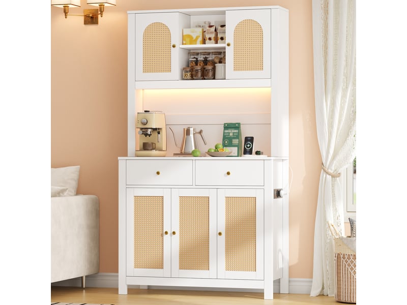  Meuble de cuisine muvano, buffet haut 100 × 40 × 180 cm, blanc, portes en rotin et led  - Conforama C