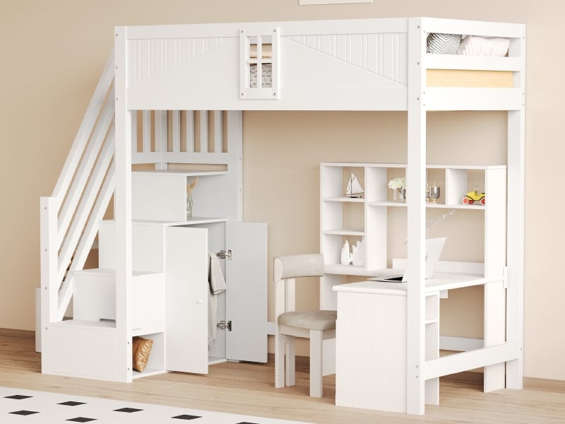  Lit mezzanine en bois massif, 90 x 200 cm, échelle de sécurité latérale avec rangements, blanc  - Conforama B