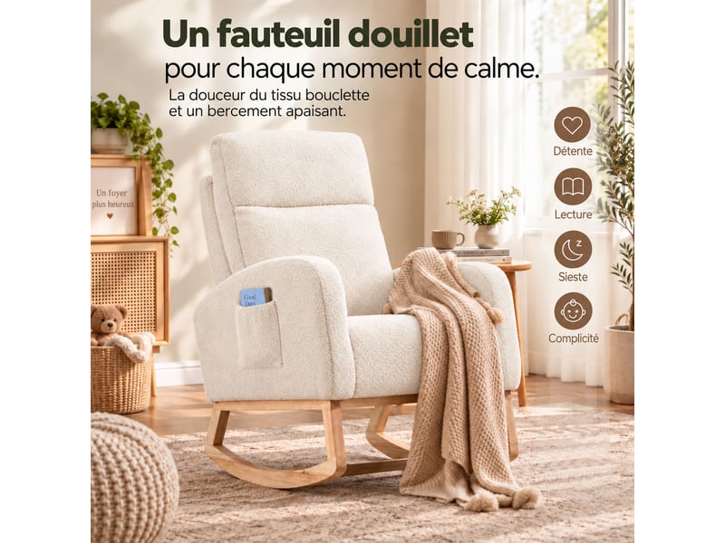  Fauteuil à bascule pour chambre de bébé, tissu teddy, mousse haute densité, cadre bois stable, poche latérale,75*63*104cm,blanc  - Conforama C