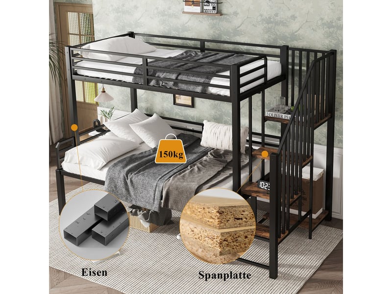 Lit superposé 90x200120x200cm avec escalier rangement - lit 2 places - métal noir et bois vintage, sécurité en747 - Conforama D