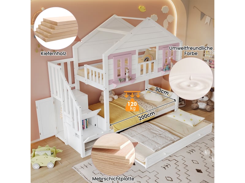 Lit superposé enfant 90x200 en bois avec rangement escalier,lit cabane,lit mezzanine simple,sans matelas,blanc+rose - Conforama D