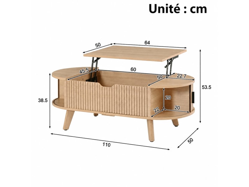  Table basse ovale avec plateau relevable, 110x50 cm, espace de rangement caché et 2 portes coulissantes, couleur naturelle  - Conforama C