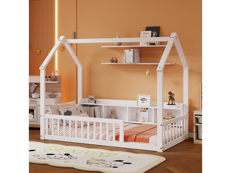  Lit cabane au sol 90x200 cm - 4 compartiments - barrières - entrée large - style scandinave - pin - blanc CozyNest - Conforama D