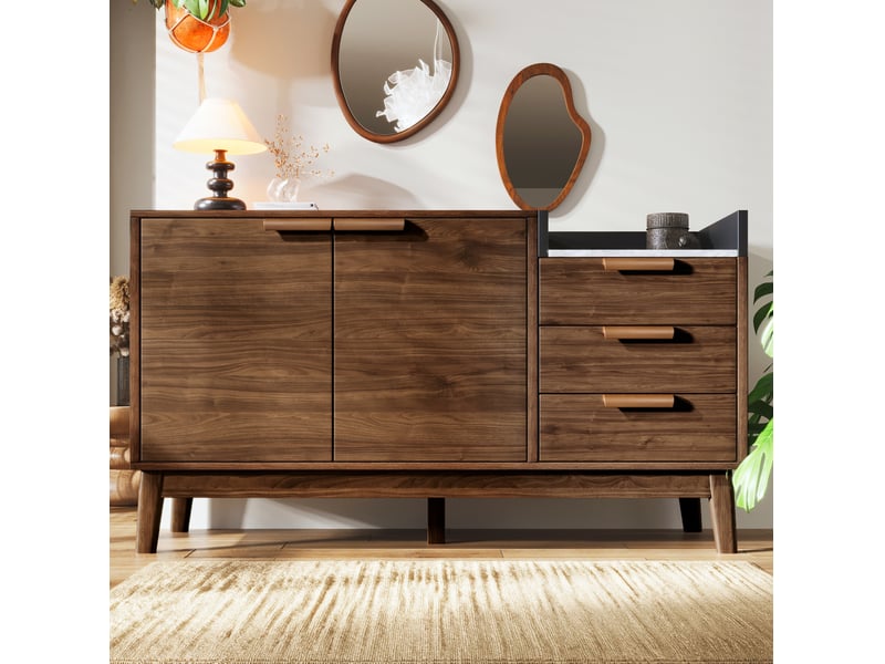  Buffet bas ulevr avec rangement, 3 tiroirs et 2 portes battantes, 120 x 40 x 77 cm, plateau effet marbre, mdf et bois, chêne foncé  - Conforama D