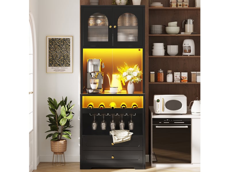  Colonne de cuisine led avec portes vitrées, étagères réglables et range-bouteilles, en noir, 70 × 40 × 180 cm  - Conforama C