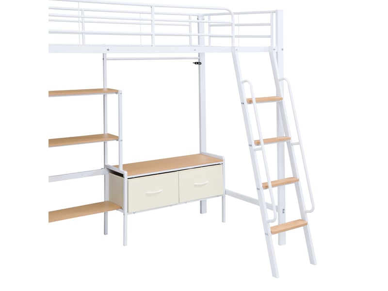 Lit mezzanine, lit simple en métal avec bureau, étagère et 2 bacs en tissu, 90x200 cm, sans matelas, blanc et naturel - Conforama E