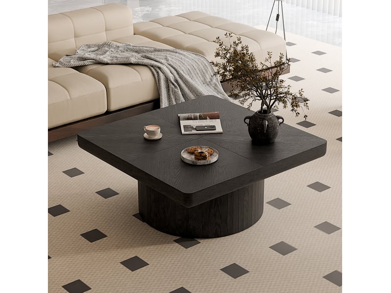  Table basse carrée à plateau en placage de bois, base cylindrique en bois et mdf noir  - Conforama B