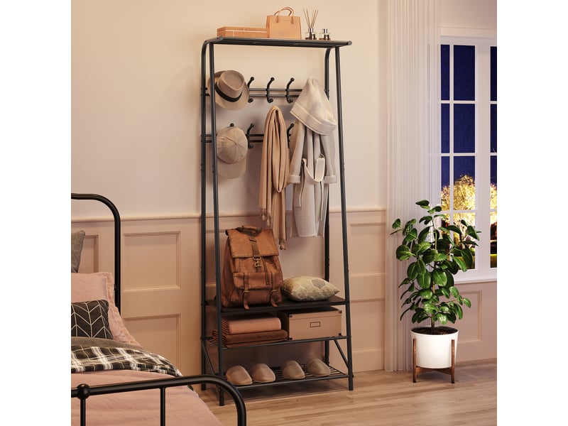 4-en-1 vestiaire d’entrée avec range chaussures, porte-manteau à 10 crochets, 180 x 63 x 30 cm, noir - Conforama E