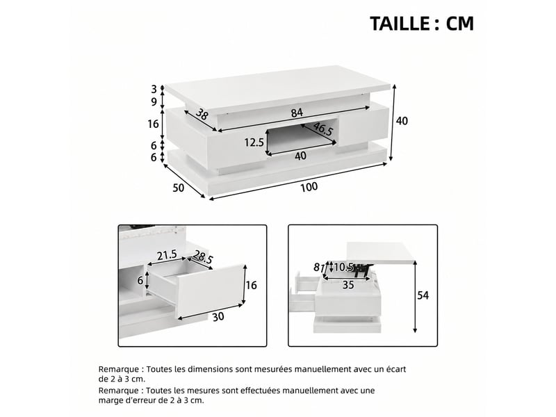  Table basse relevable blanche avec deux tiroirs, rangement caché et éclairage led, 100 x 50 cm  - Conforama E