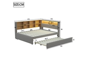 Canapé-lit 140x200 avec lit gigogne 90x190, rangements et led, gris foncé (sans matelas)