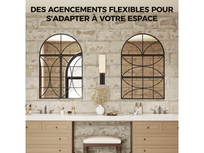  Miroir mural arqué 80 x 120 cm, lot de 3 pièces, miroir verrière en forme de fenêtre, noir, verre trempé et métal  - Conforama D