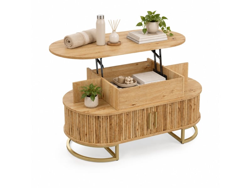  Table basse ovale relevable avec rangement, mdf naturel, portes coulissantes  - Conforama A