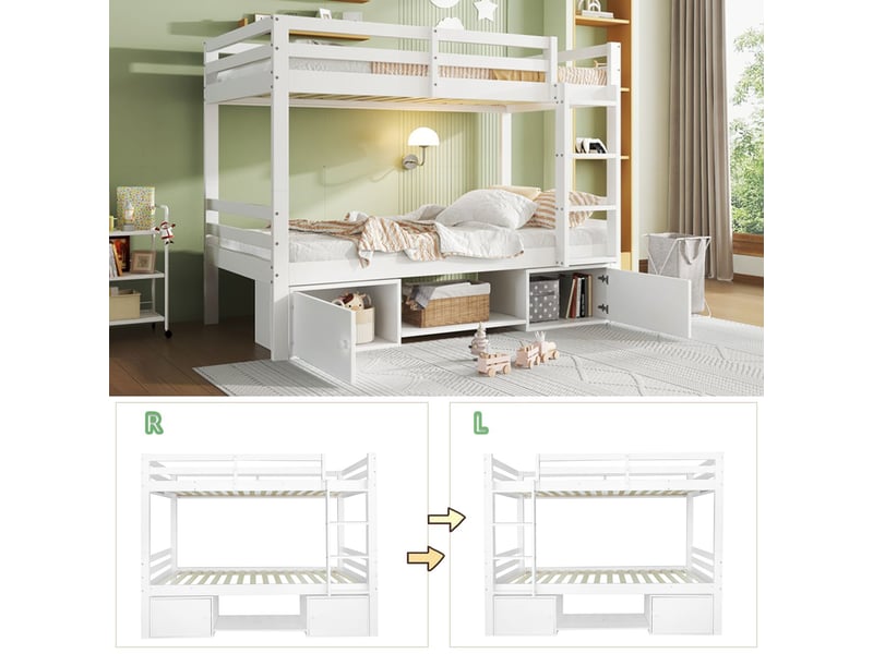  Lit superposé 90x200cm -  séparable en 2 lits - lit enfant - avec étagères, armoire, bois massif, design moderne, blanc  - Conforama D