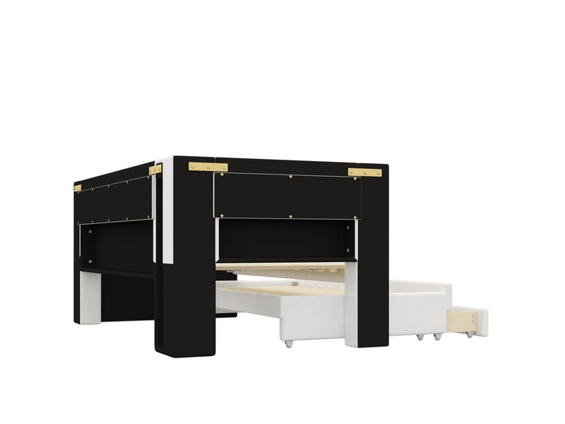  Lit jeune, lit banquette gigogne 90x200 cm, led et tiroirs en mdf, coloris blanc  - Conforama D