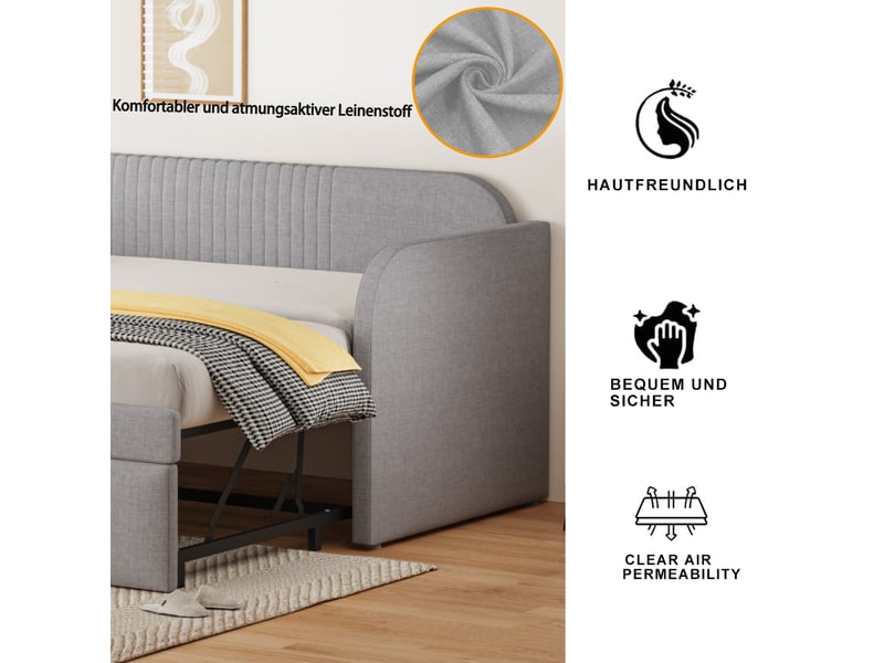  Lit banquette convertible 90180x190 cm - lit gigogne avec dossier à rayures verticales et sommier à lattes, tissu lin gris clair evarich - Conforama D