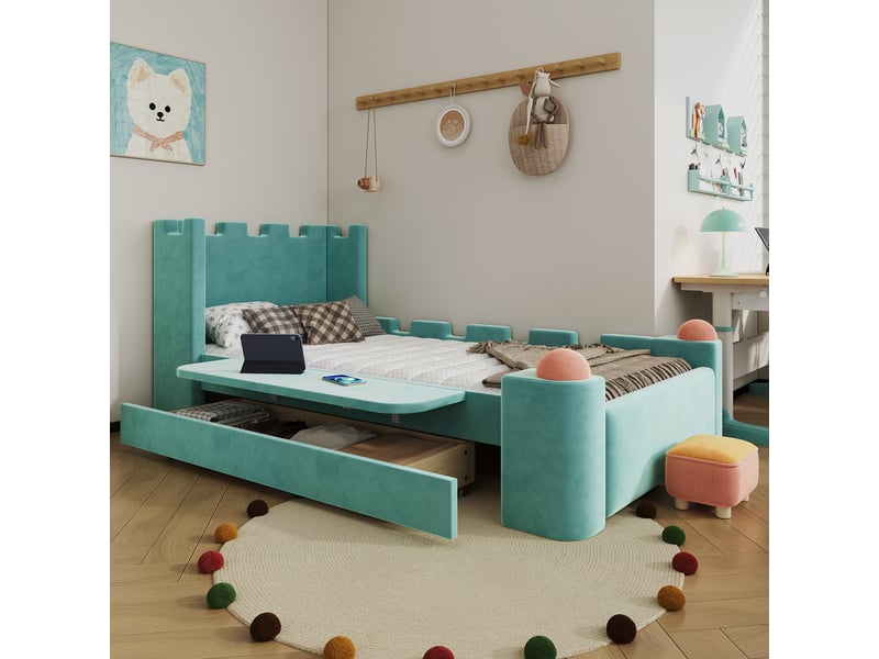  Lit enfant rembourré esprit château - 90x200cm - 1 grand tiroir et tablette latérale rabattable - avec sommier à lattes - bleu-vert  - Conforama D